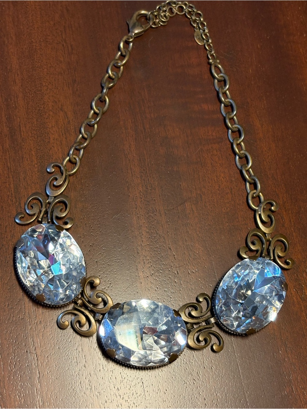 Stunning Vintage Sorrelli Necklace Large Crystal Antique Gold Statement Scroll